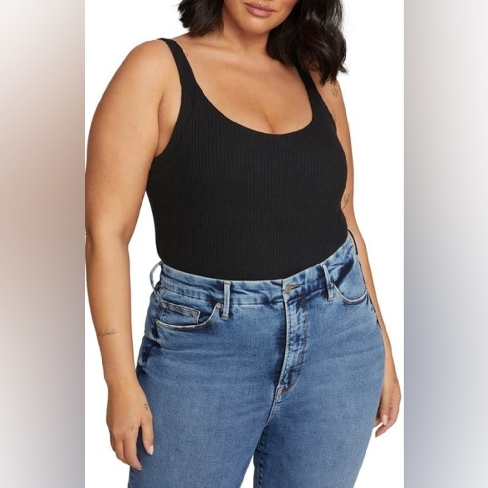 Good American Ribbed Scoop Back Sleeveless Thong Bodysuit in Black 4X NWT
